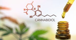 cannabidiol diagram with dropper and bottle with oil